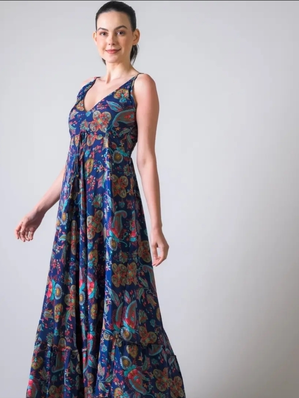The Rhea Parui Women's Navy Floral Maxi Dress - V-Neck Spaghetti Strap - Picture 3 of 10